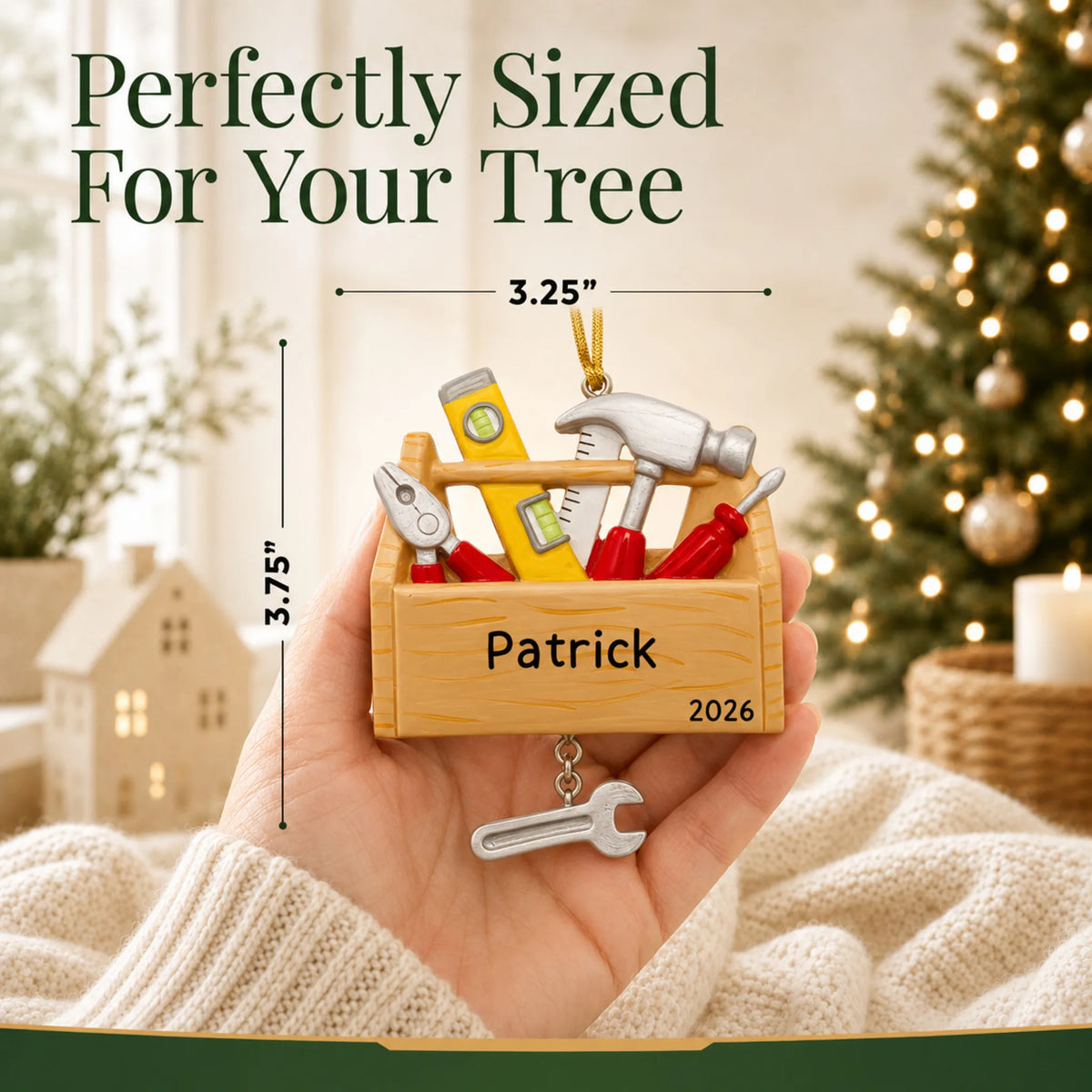 Size guide: the personalized handyman tool box christmas ornament is 3.25 in wide by 3.75 in tall, shown in hand