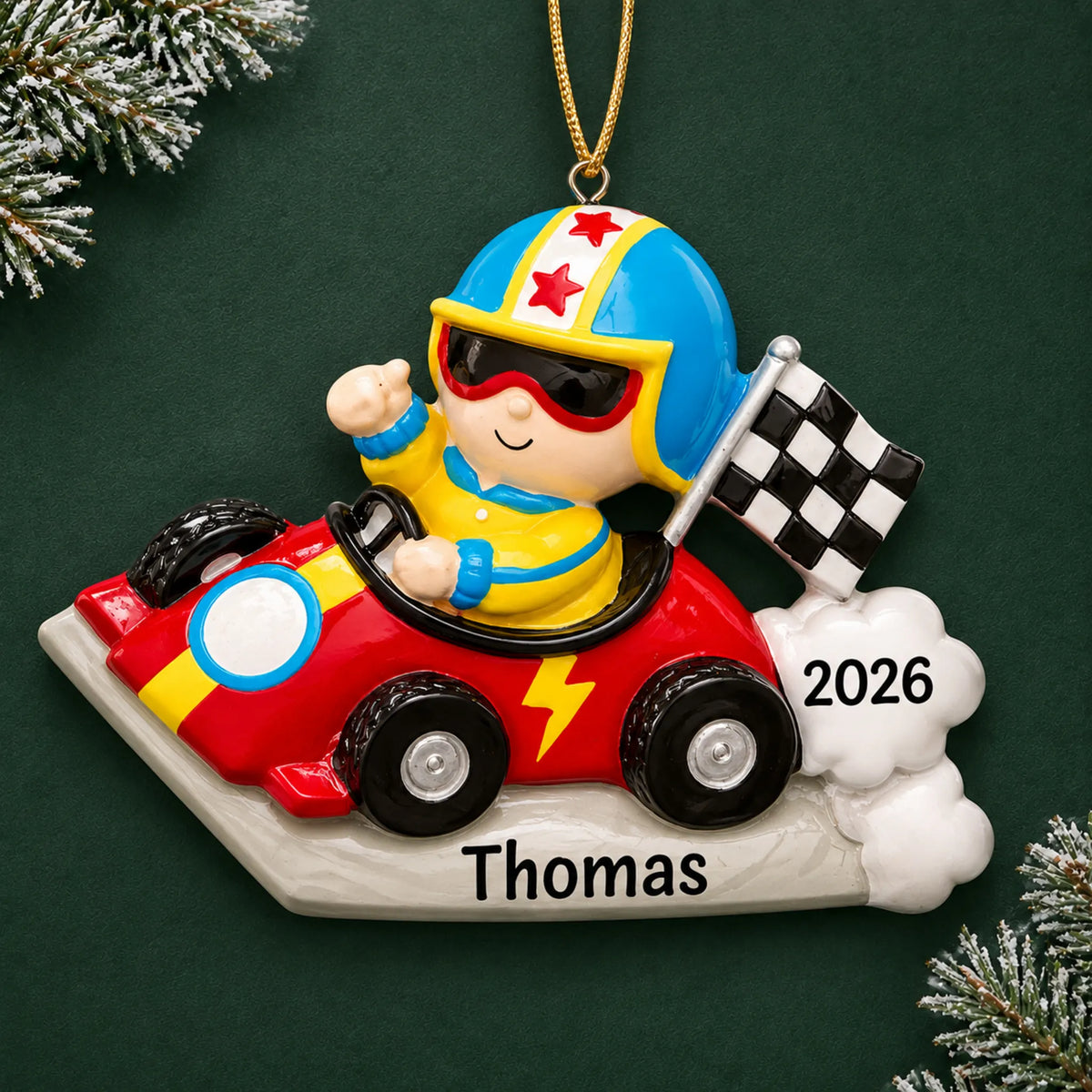 Personalized go-kart race car christmas ornament on a dark green pine background