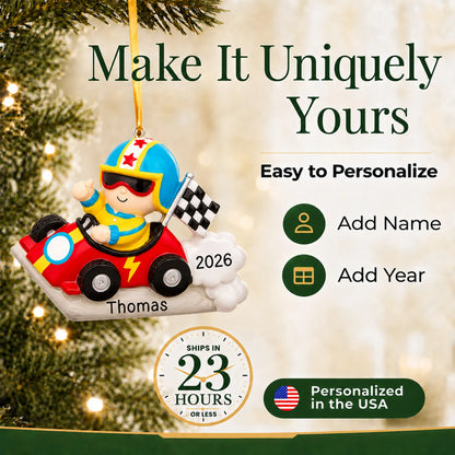Make it yours: add name and year to the personalized go-kart race car christmas ornament