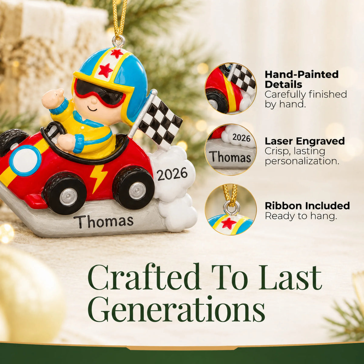 Hand-painted details and laser engraved personalization on the go-kart race car christmas ornament, ribbon included