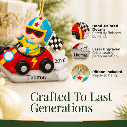 Hand-painted details and laser engraved personalization on the go-kart race car christmas ornament, ribbon included