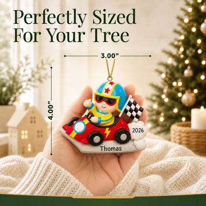 Size guide: the personalized go-kart race car christmas ornament shown in hand next to a Christmas tree