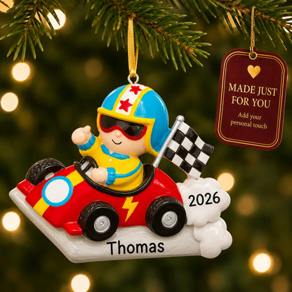 Go-kart race car christmas ornament hanging on a lit Christmas tree with a Made Just For You gift tag