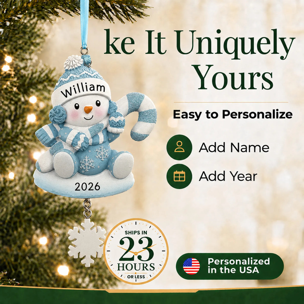 Make it yours: add name and year to the personalized baby boy snowman christmas ornament