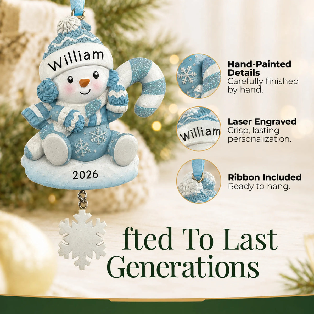Hand-painted details and laser engraved personalization on the baby boy snowman christmas ornament, ribbon included