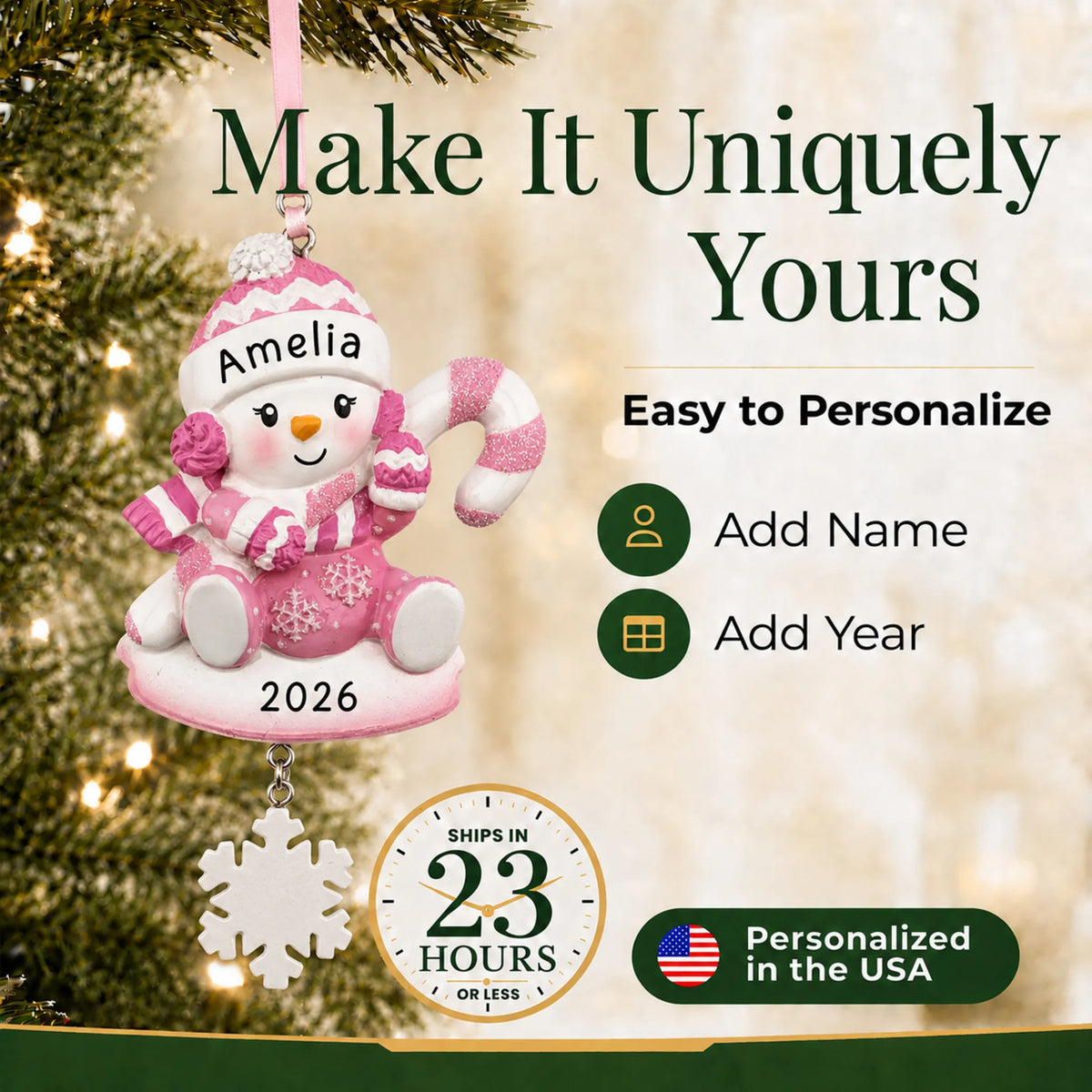 Make it yours: add name and year to the personalized baby girl snowman christmas ornament