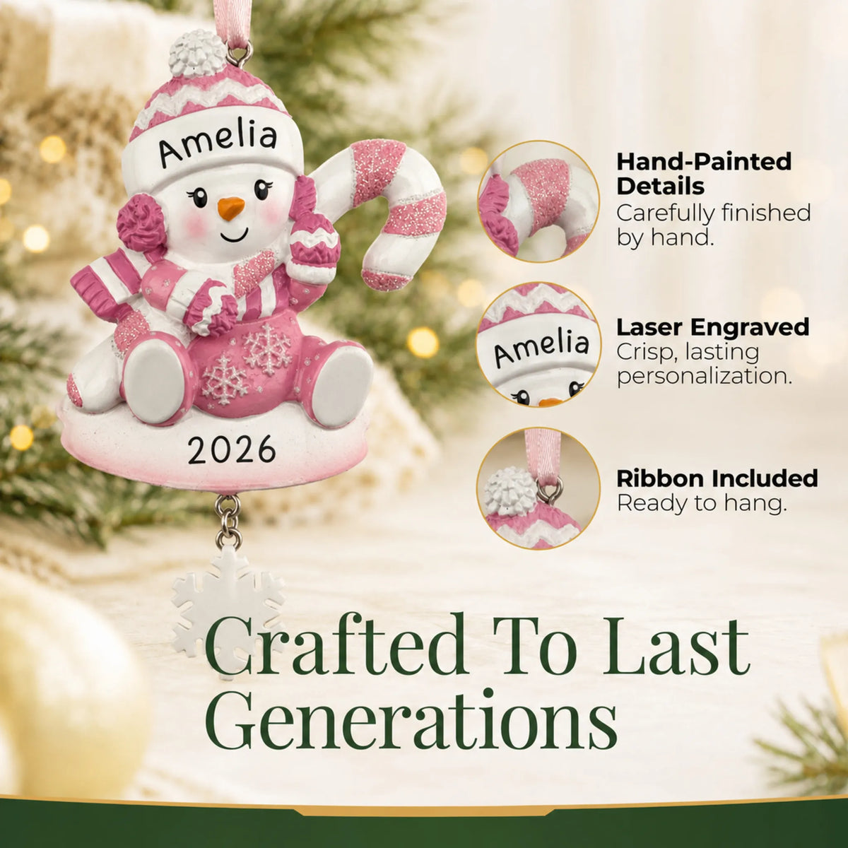Hand-painted details and laser engraved personalization on the baby girl snowman christmas ornament, ribbon included