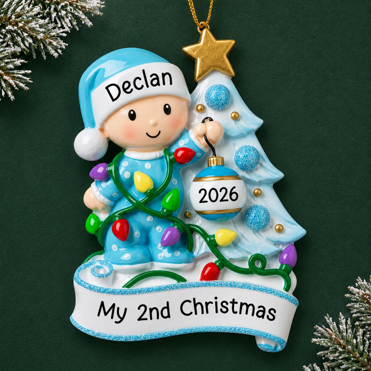 Personalized blue baby's 2nd christmas ornament on a dark green pine background
