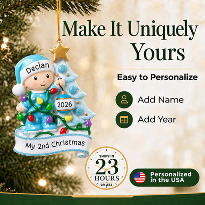 Make it yours: add name and year to the personalized blue baby's 2nd christmas ornament