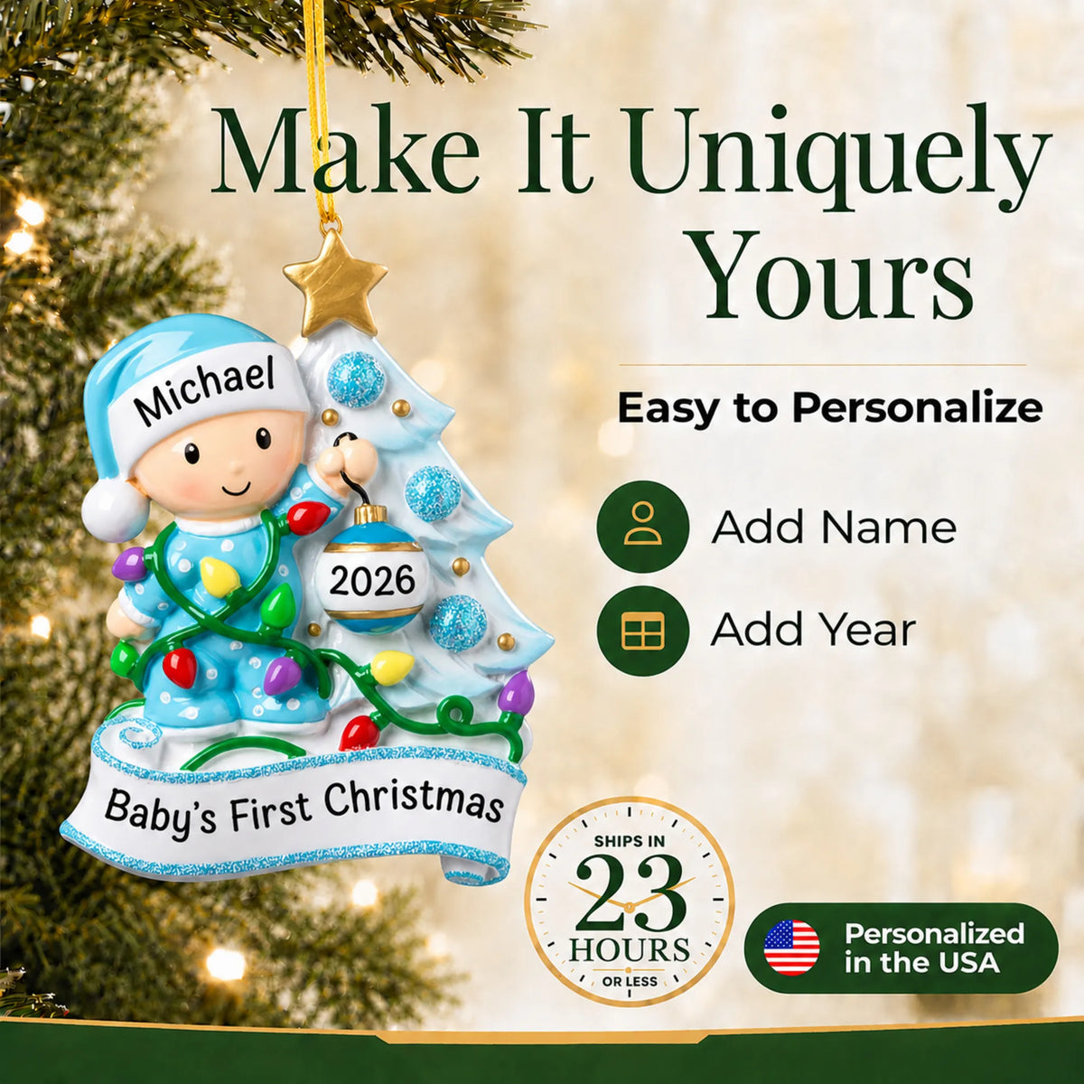 Make it yours: add name and year to the personalized blue baby's 1st christmas tree ornament