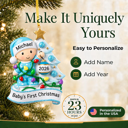 Make it yours: add name and year to the personalized blue baby's 1st christmas tree ornament