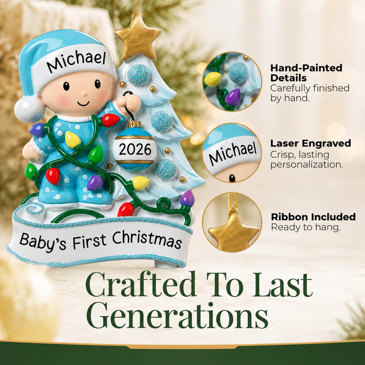 Hand-painted details and laser engraved personalization on the blue baby's 1st christmas tree ornament, ribbon included