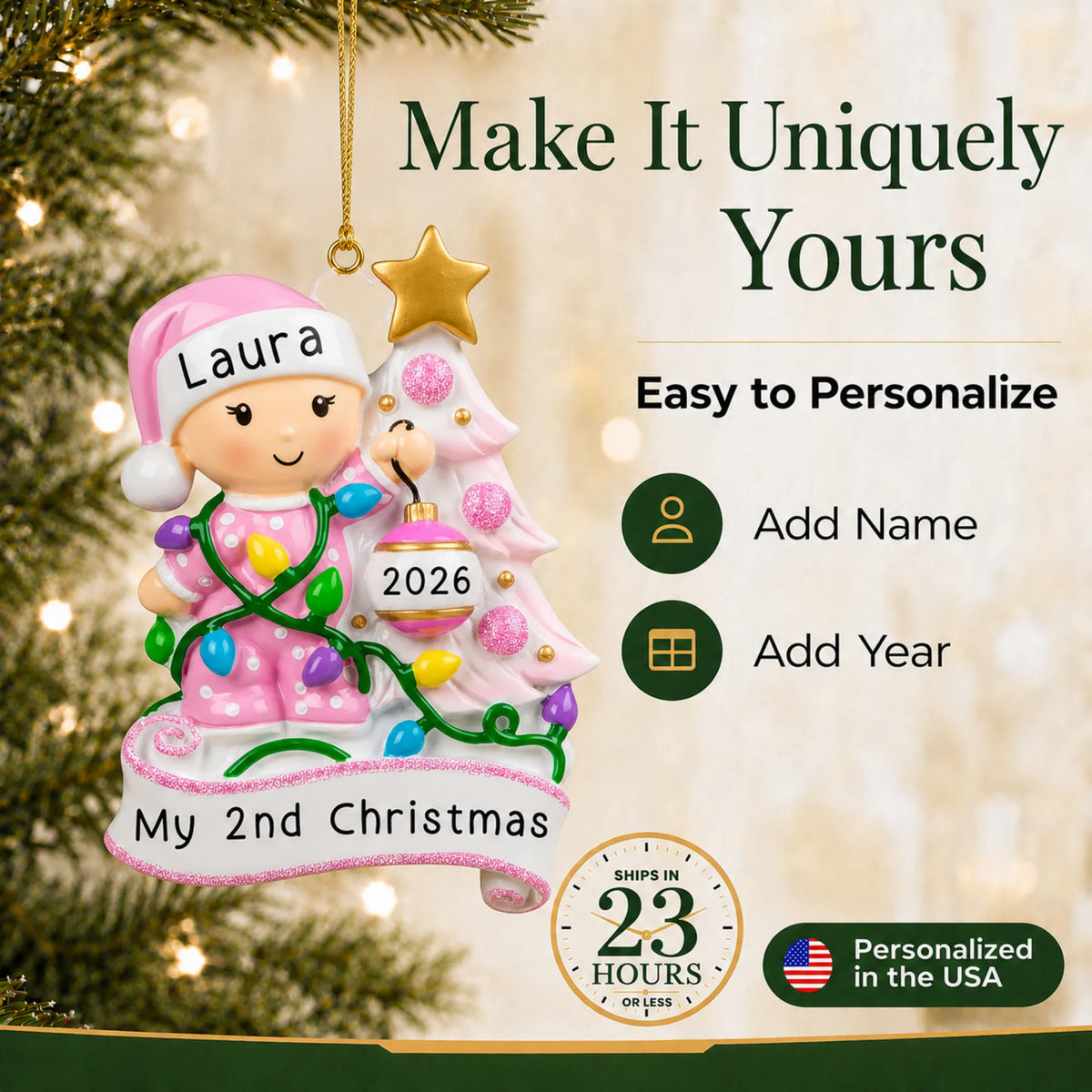 Make it yours: add name and year to the personalized pink baby's 2nd christmas ornament