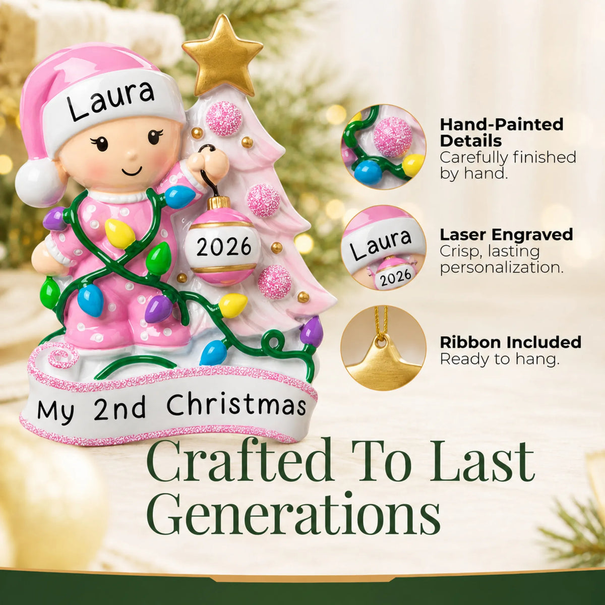 Hand-painted details and laser engraved personalization on the pink baby's 2nd christmas ornament, ribbon included