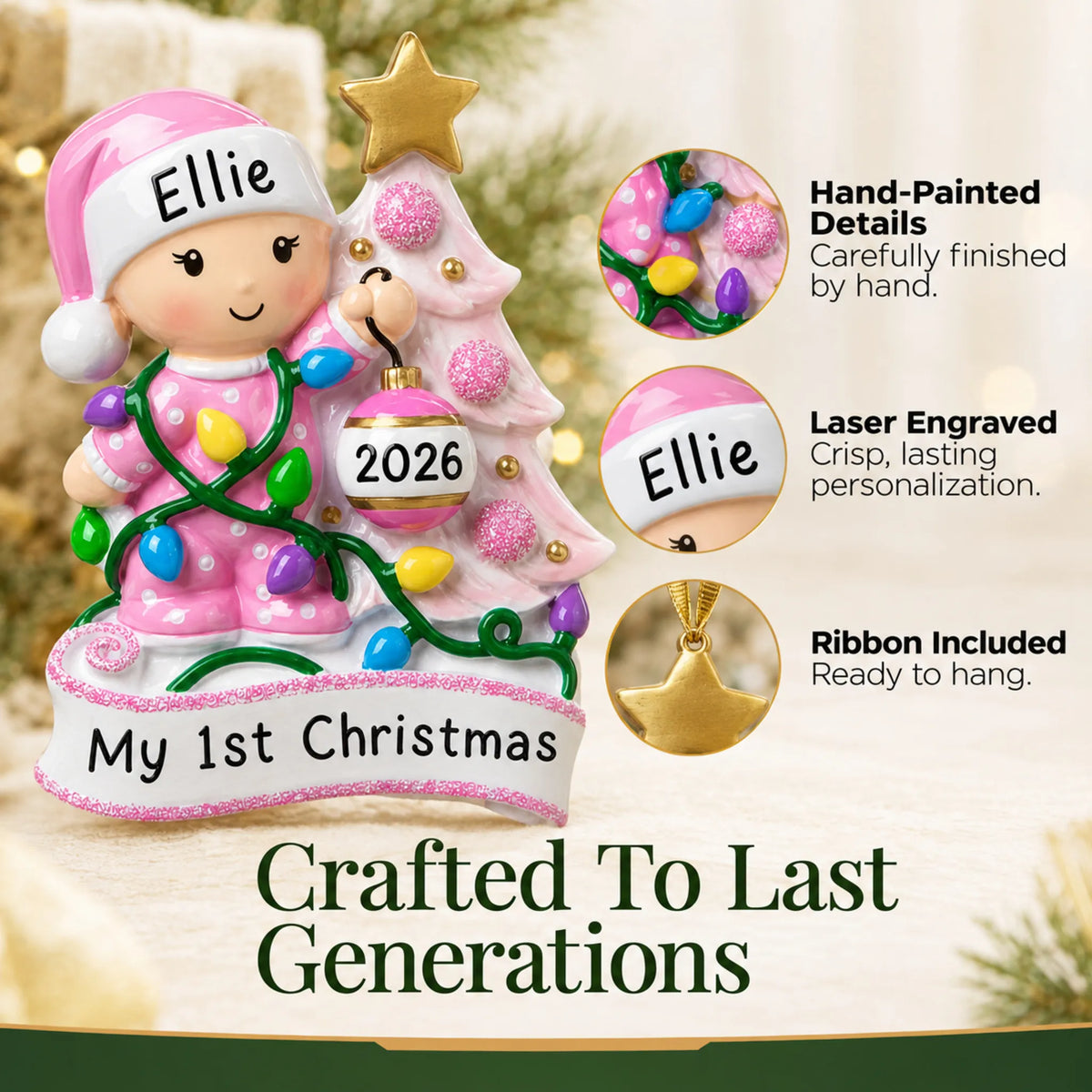 Hand-painted details and laser engraved personalization on the pink baby's 1st christmas tree ornament, ribbon included