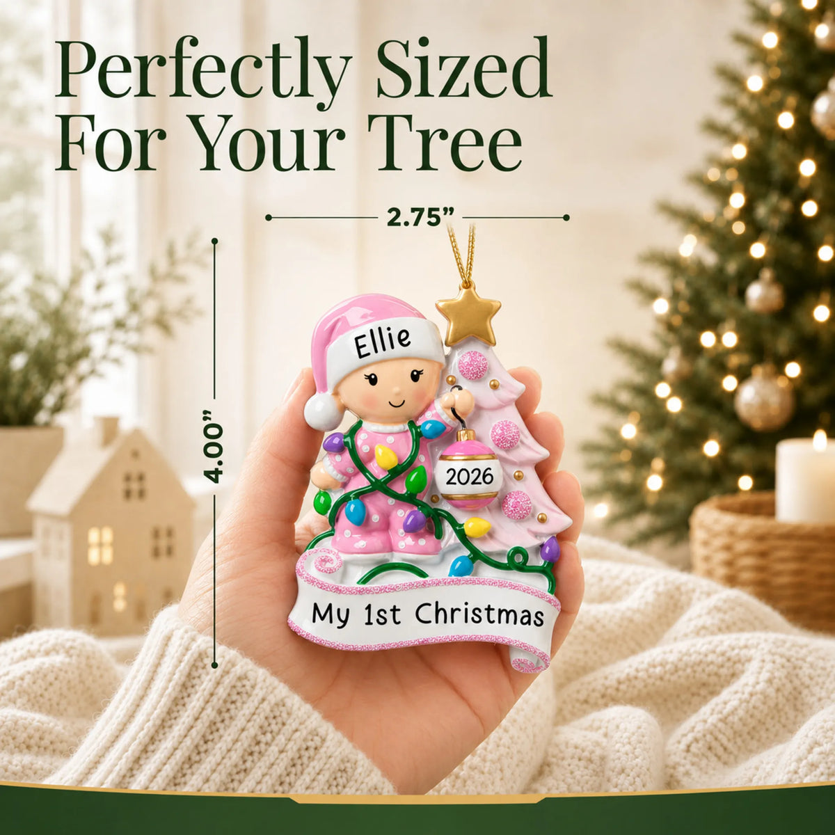 Size guide: the personalized pink baby's 1st christmas tree ornament is 2.75 in wide by 4.00 in tall, shown in hand