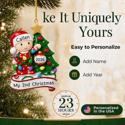 Make it yours: add name and year to the personalized red baby's 2nd christmas ornament