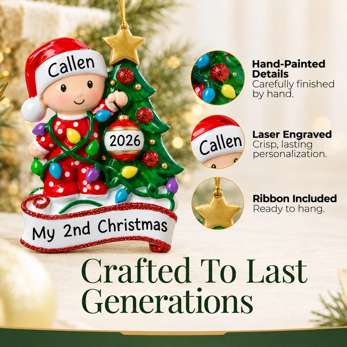 Hand-painted details and laser engraved personalization on the red baby's 2nd christmas ornament, ribbon included