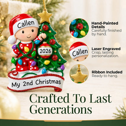 Hand-painted details and laser engraved personalization on the red baby's 2nd christmas ornament, ribbon included