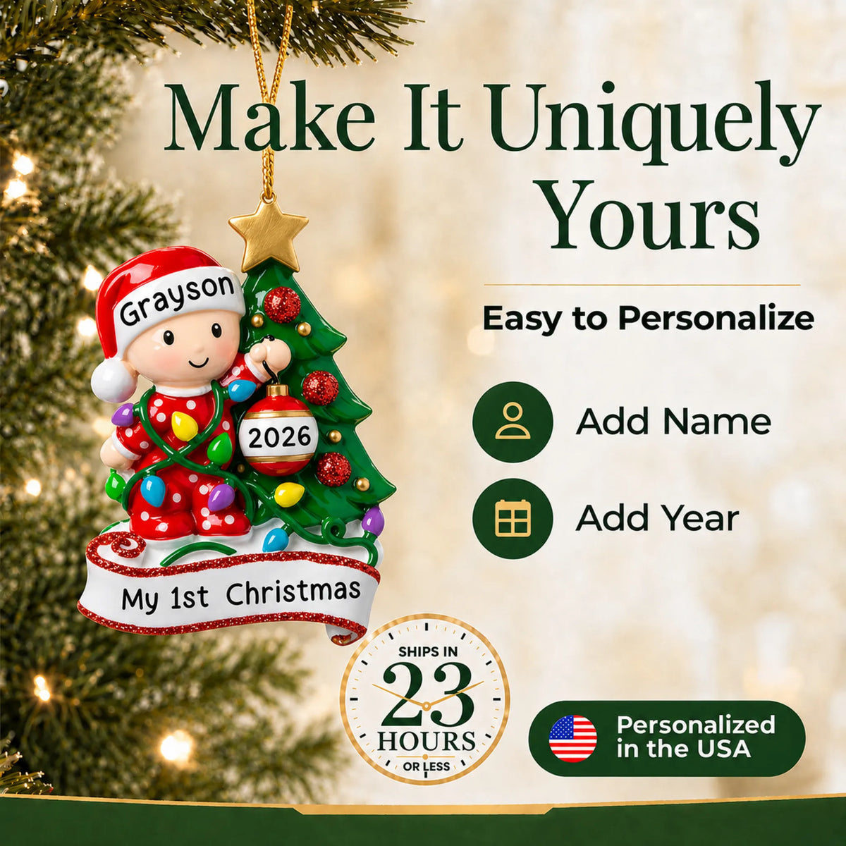 Make it yours: add name and year to the personalized red baby's 1st christmas tree ornament