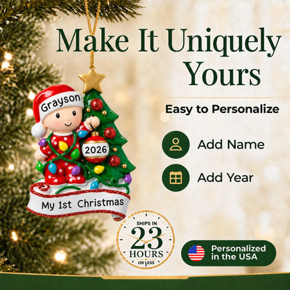 Make it yours: add name and year to the personalized red baby's 1st christmas tree ornament