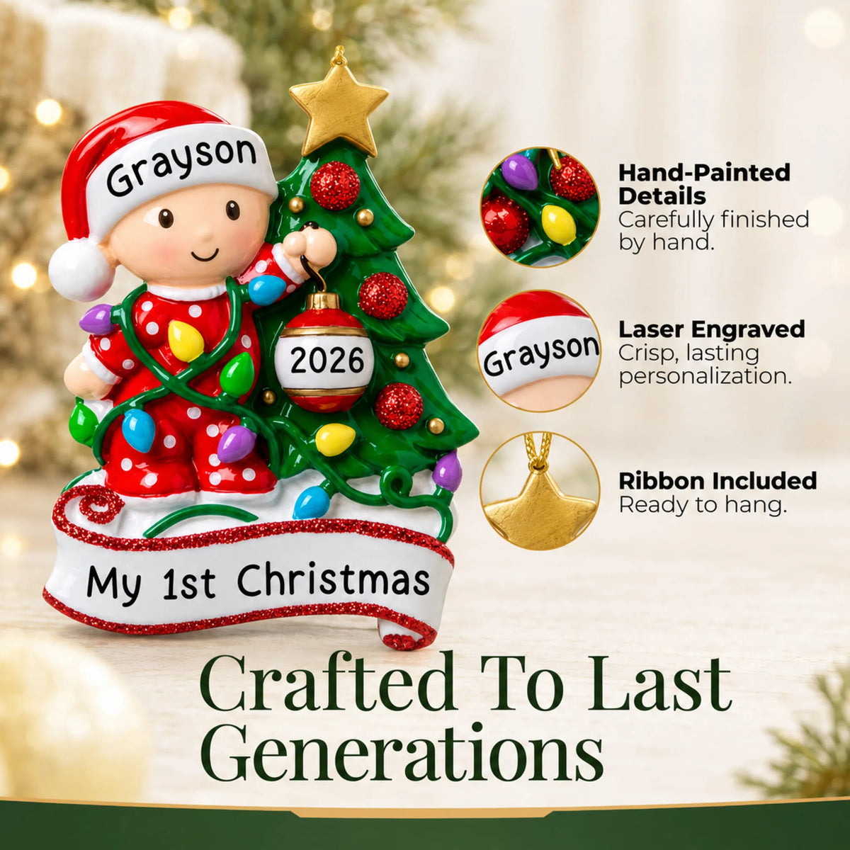 Hand-painted details and laser engraved personalization on the red baby's 1st christmas tree ornament, ribbon included