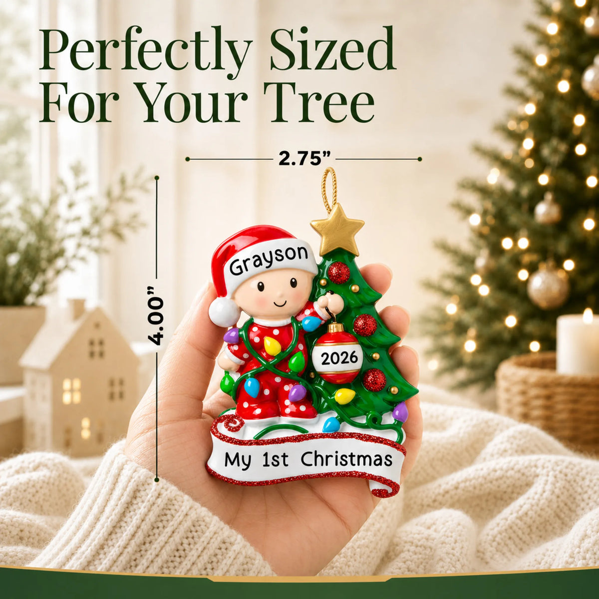 Size guide: the personalized red baby's 1st christmas tree ornament is 2.75 in wide by 4.00 in tall, shown in hand