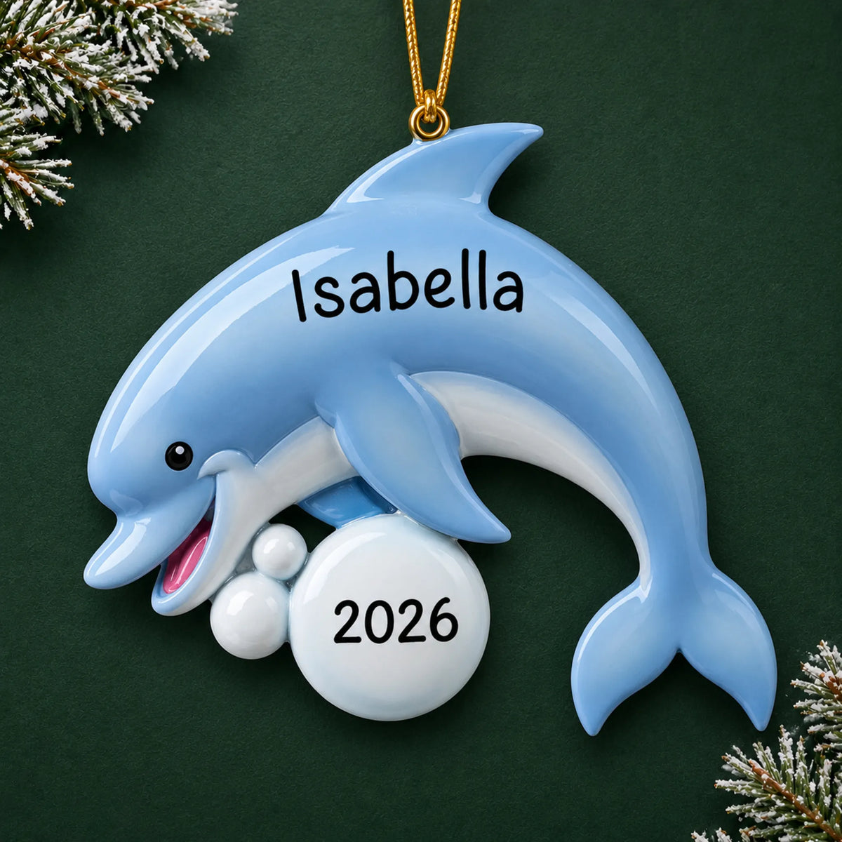 Personalized dolphin fun christmas ornament on a dark green pine background