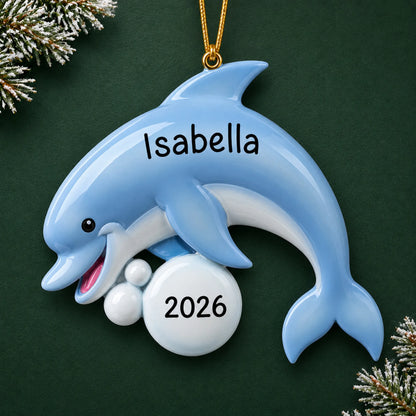 Personalized dolphin fun christmas ornament on a dark green pine background