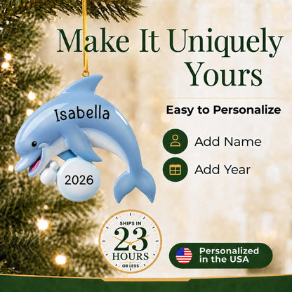 Make it yours: add a name and year to the personalized dolphin fun christmas ornament