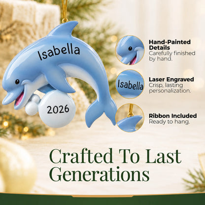 Hand-painted details and laser engraved personalization on the dolphin fun christmas ornament, ribbon included