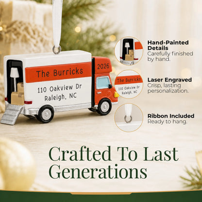 Hand-painted, laser engraved Moving Truck christmas ornament, ribbon included