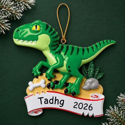 Personalized green t-rex christmas ornament on a dark green pine background