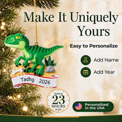 Make it yours: add name and year to the personalized green t-rex christmas ornament