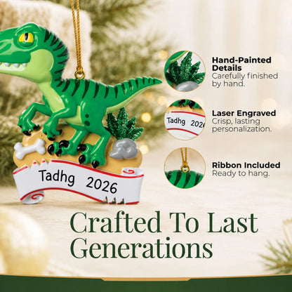 Hand-painted details and laser engraved personalization on the green t-rex christmas ornament, ribbon included