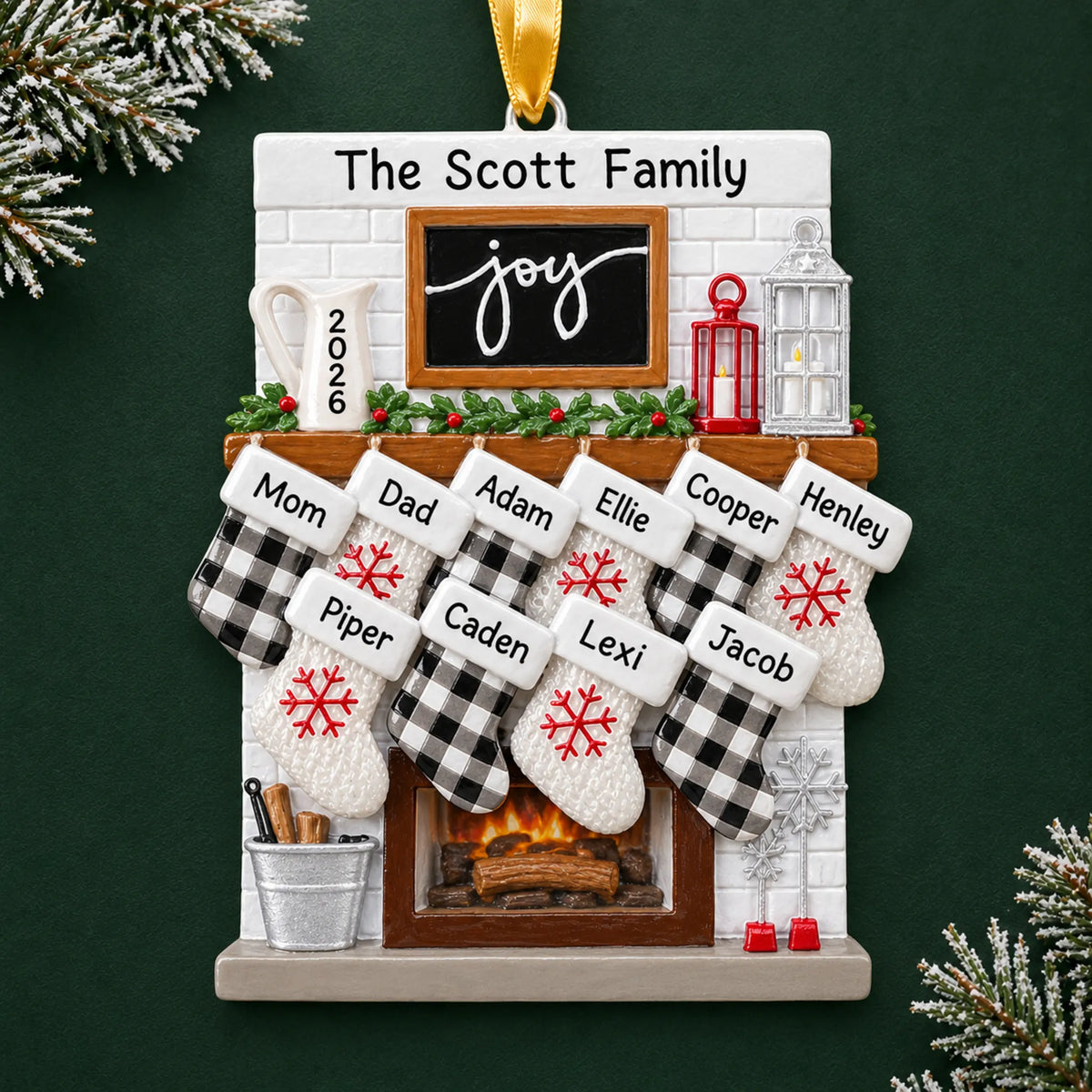 Personalized fireplace stockings family of 10 christmas ornament on a dark green pine background