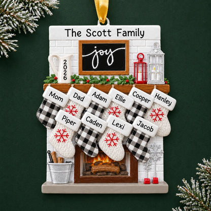 Personalized fireplace stockings family of 10 christmas ornament on a dark green pine background