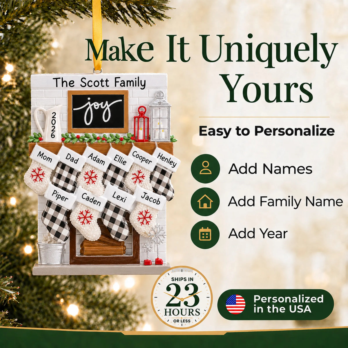 Make it yours: add names and year to the personalized fireplace stockings family of 10 christmas ornament
