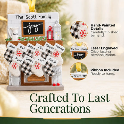 Hand-painted, laser engraved fireplace stockings family of 10 christmas ornament, ribbon included