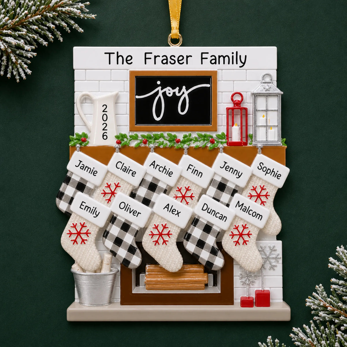 Personalized fireplace stockings family of 11 christmas ornament on a dark green pine background