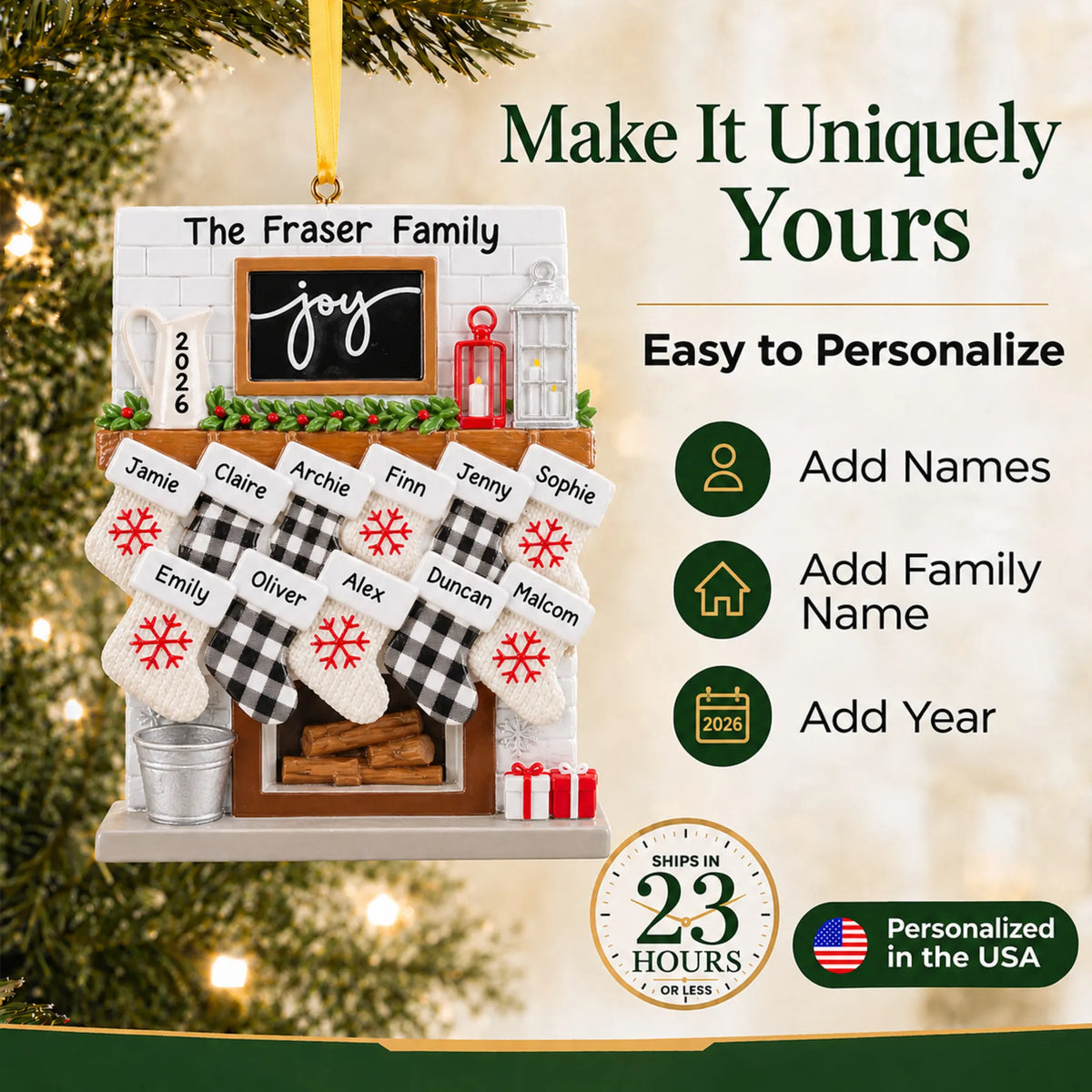 Make it yours: add names and year to the personalized fireplace stockings family of 11 christmas ornament