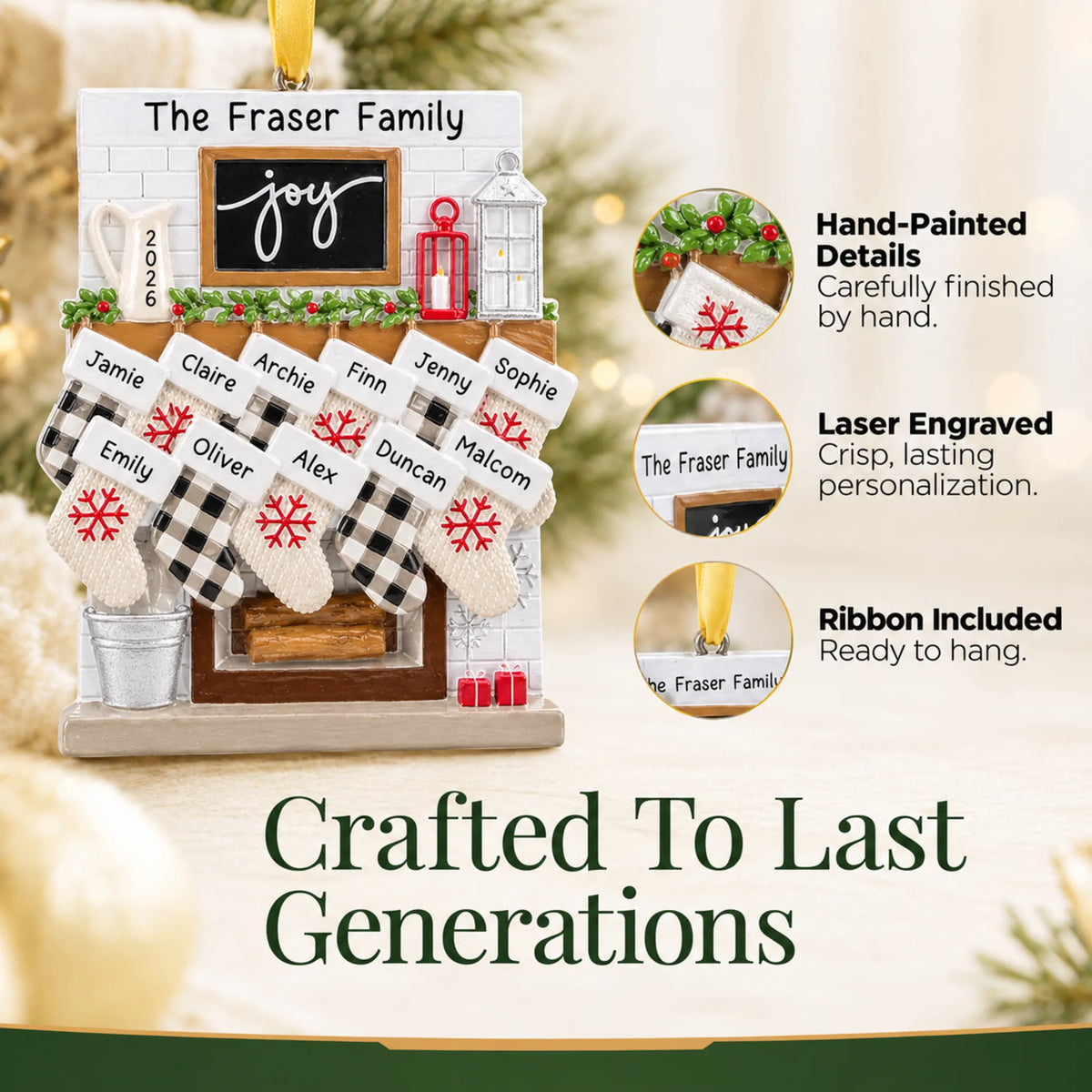 Hand-painted, laser engraved fireplace stockings family of 11 christmas ornament, ribbon included