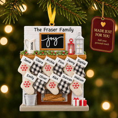 Fireplace stockings family of 11 christmas ornament hanging on a lit Christmas tree with a Made Just For You gift tag