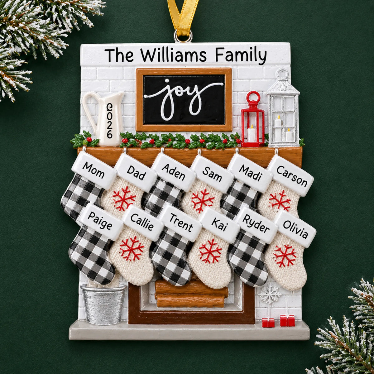 Personalized fireplace stockings family of 12 christmas ornament on a dark green pine background
