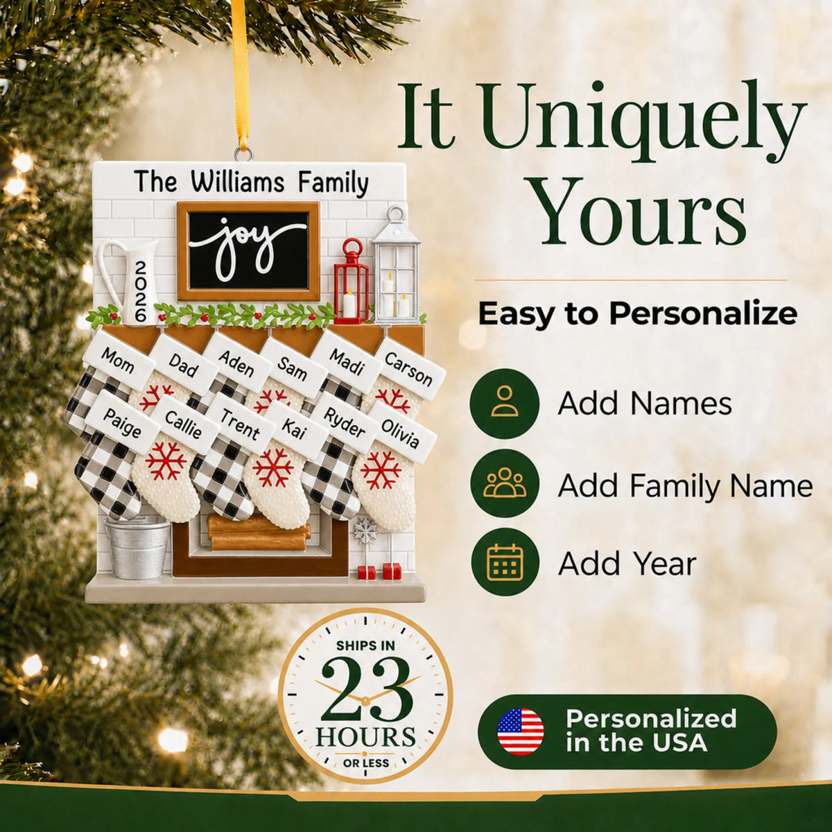 Make it yours: add names and year to the personalized fireplace stockings family of 12 christmas ornament