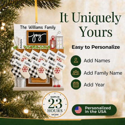 Make it yours: add names and year to the personalized fireplace stockings family of 12 christmas ornament