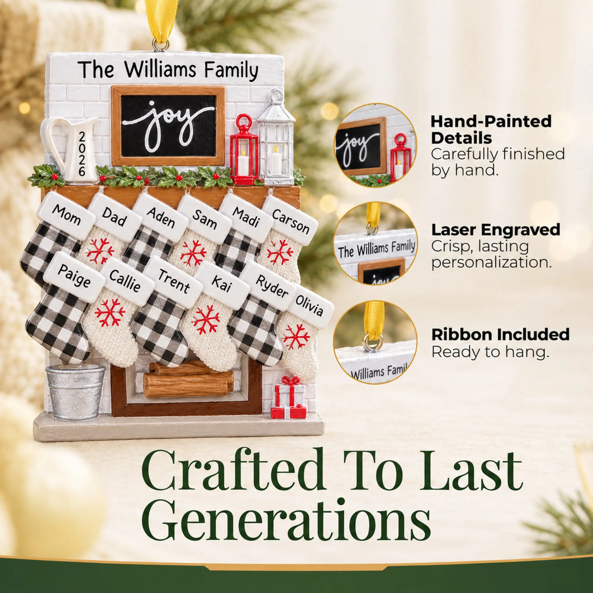 Hand-painted, laser engraved fireplace stockings family of 12 christmas ornament, ribbon included