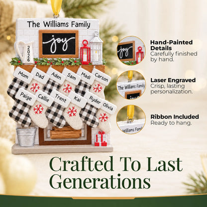 Hand-painted, laser engraved fireplace stockings family of 12 christmas ornament, ribbon included