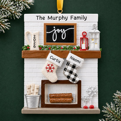 Personalized fireplace stockings family of 2 christmas ornament on a dark green pine background