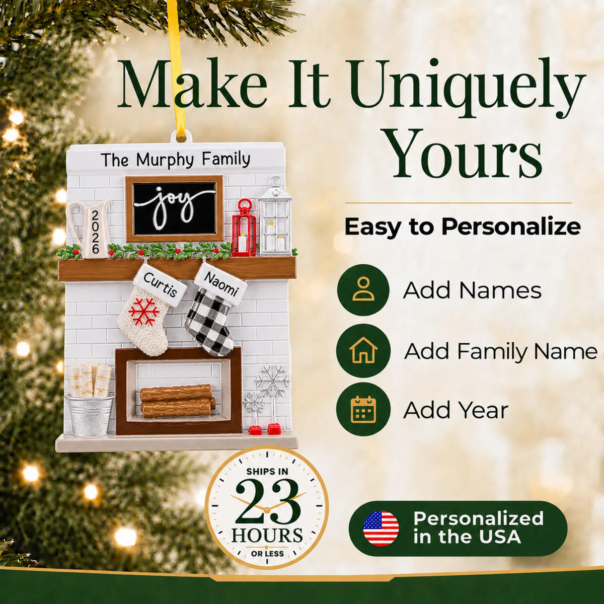 Make it yours: add names and year to the personalized fireplace stockings family of 2 christmas ornament
